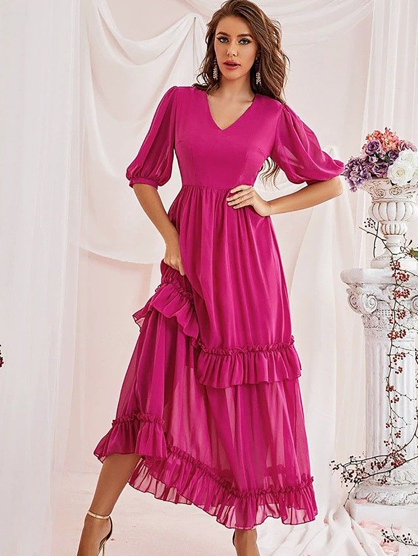 Pink Layered Long Dress With Short Sleeves