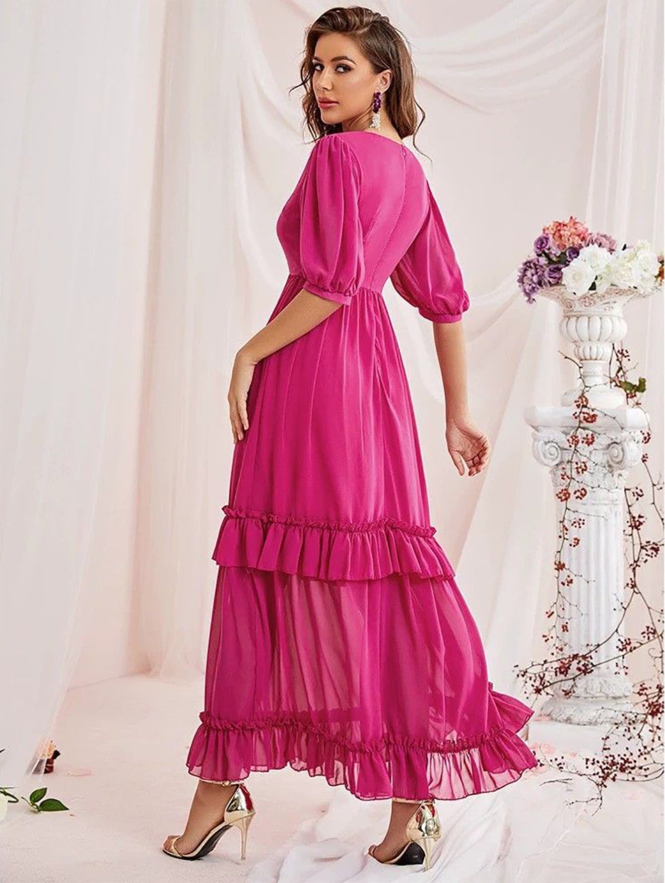 Pink Layered Long Dress With Short Sleeves