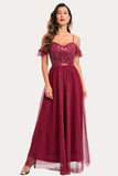 Burgundy Beaded A-Line Long Formal Party Dress