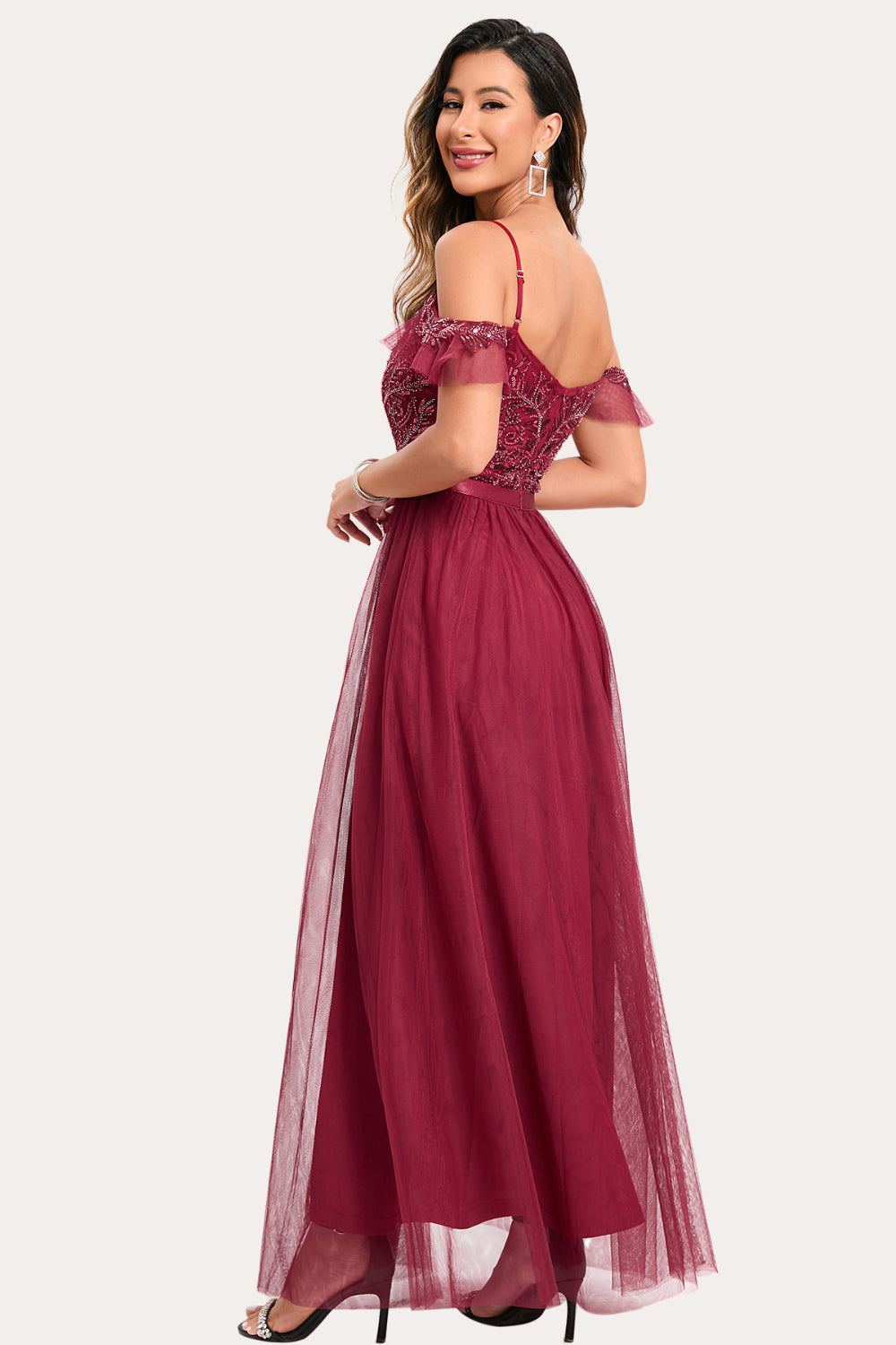 Burgundy Beaded A-Line Long Formal Party Dress