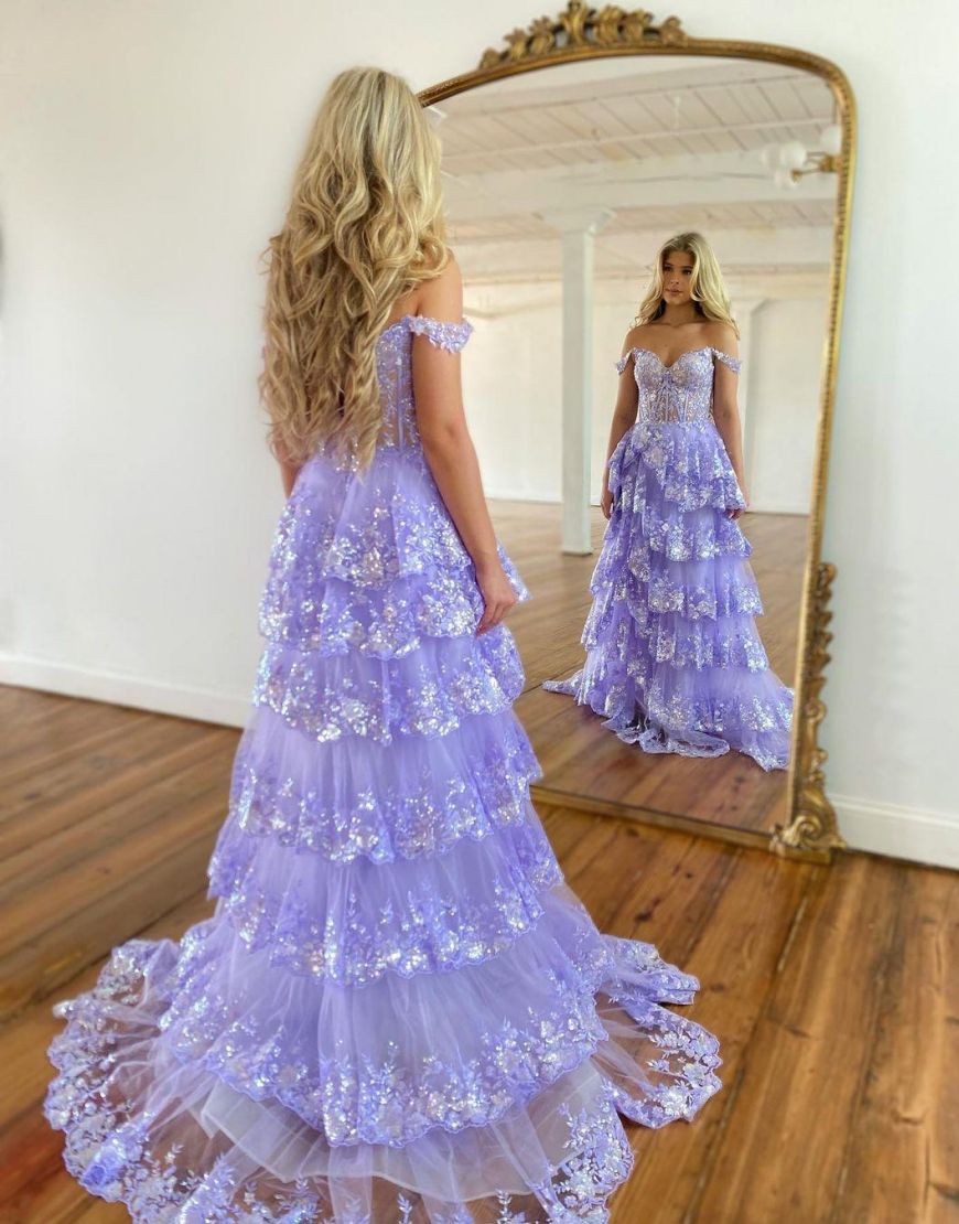 Gorgeous A-Line Off The Shoulder Tiered Prom Dress With Split