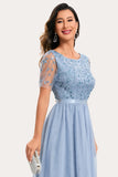 Sparkly Blue Beaded Long Tulle Formal Dress With Belt