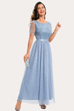Sparkly Blue Beaded Long Tulle Formal Dress With Belt