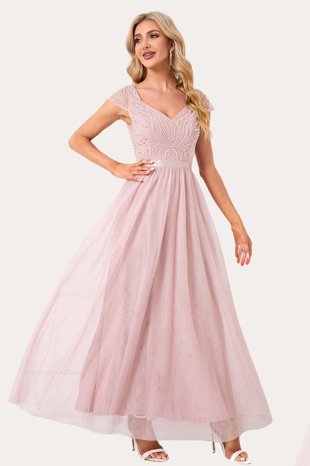 Sparkly Blush Beaded Long Tulle Wedding Guest Dress