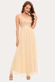 Sparkly Champagne Beaded Long Tulle Formal Party Dress