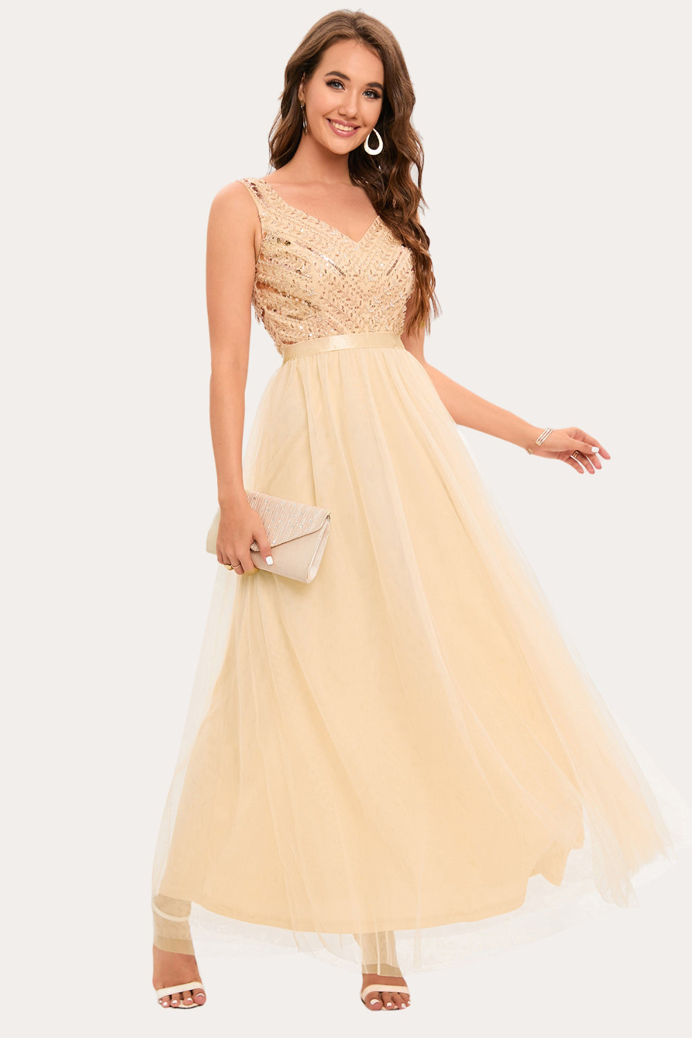 Sparkly Champagne Beaded Long Tulle Formal Party Dress