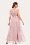Sparkly Blush Beaded Long Tulle Wedding Guest Dress