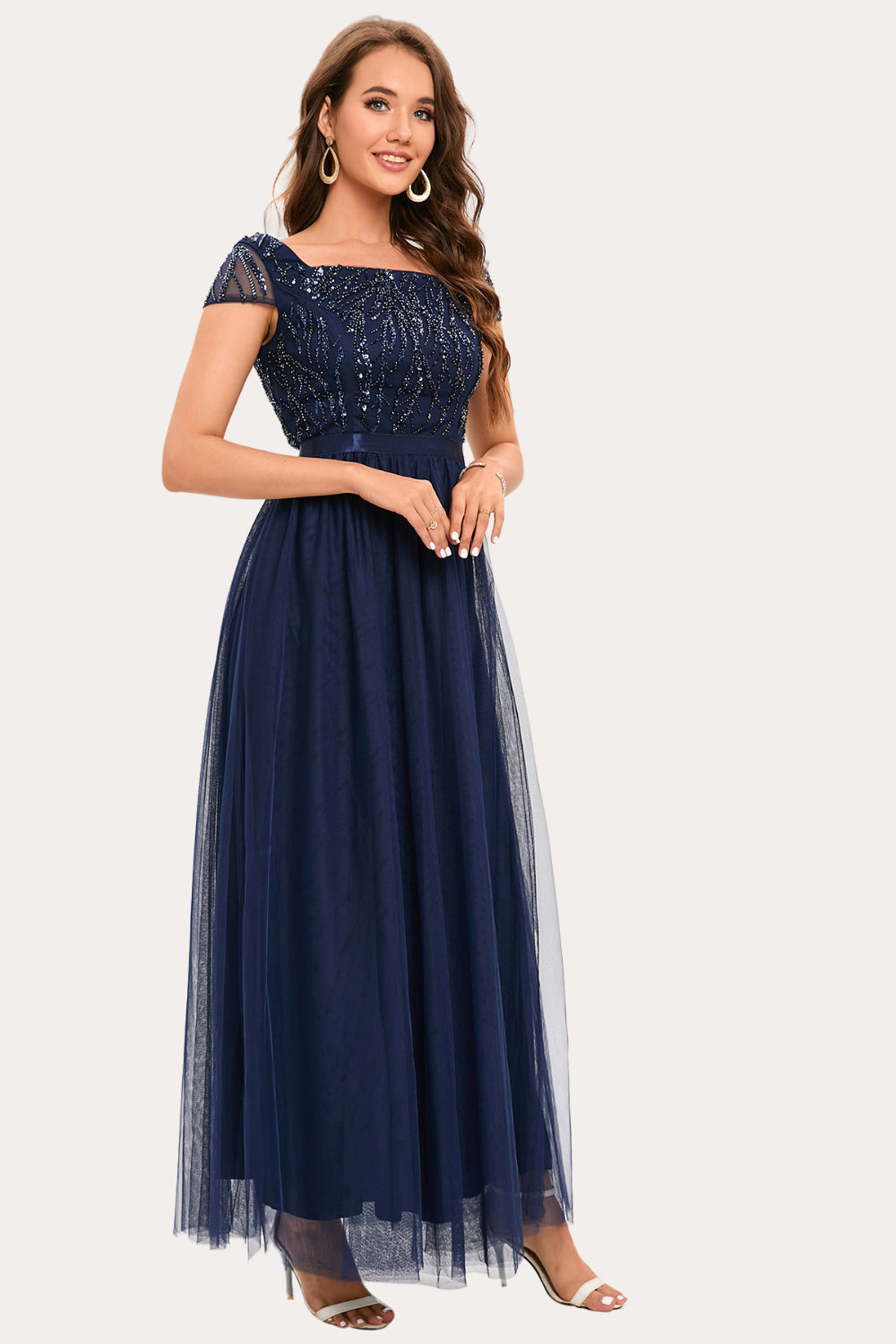 Sparkly Navy Beaded Square Neck Long Tulle Formal Dress