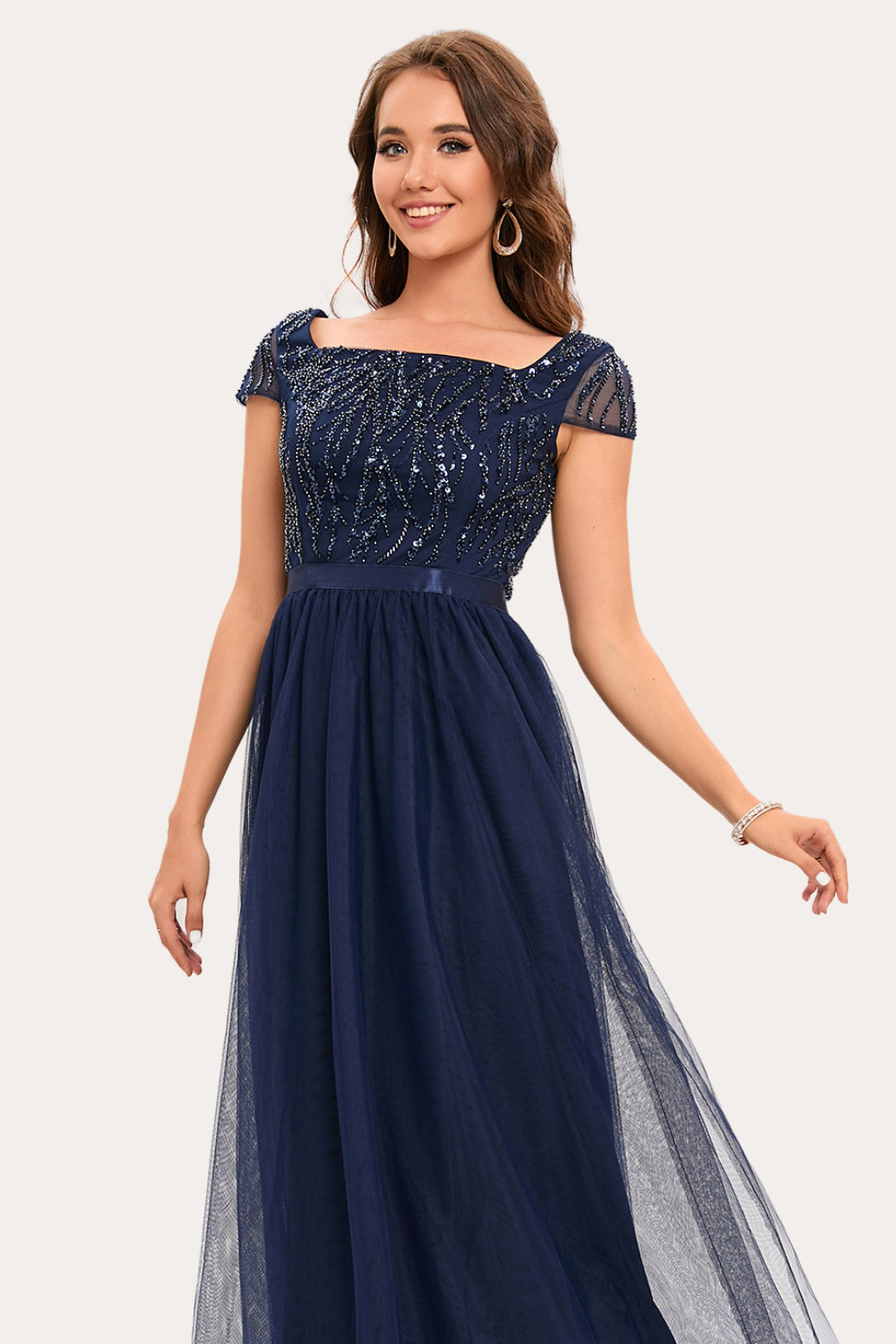 Sparkly Navy Beaded Square Neck Long Tulle Formal Dress