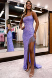 Sheath Spaghetti Straps Lilac Sequins Long Prom Dress with Tassel