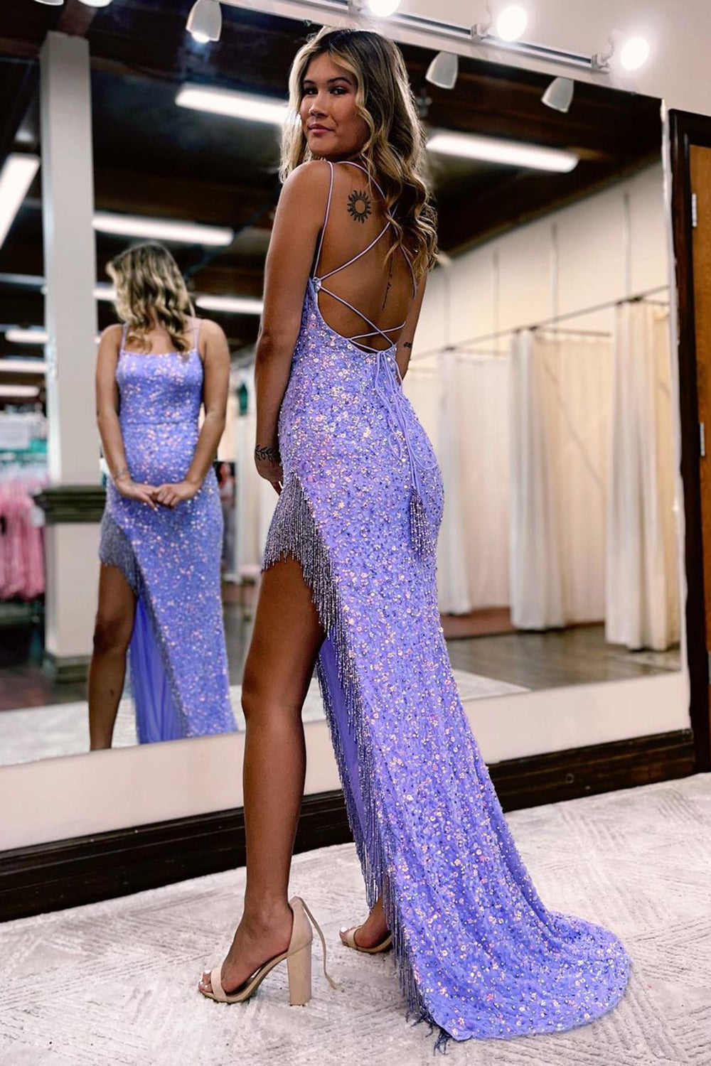 Sheath Spaghetti Straps Lilac Sequins Long Prom Dress with Tassel