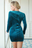 Blue Long Sleeves Bodycon Velvet Dress